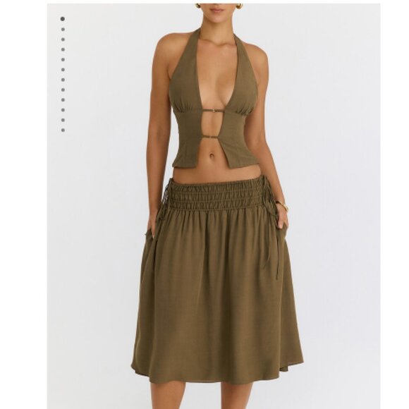 Mistress Rocks Olive Shirred Waist Midi Skirt Set - Picture 2 of 8